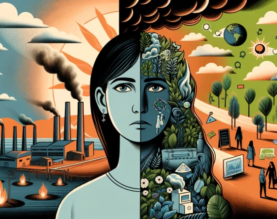 the-impact-of-climate-change-on-womens-mental-health.-Depict-a-woman-with-a-background-split-into-two-parts_-one-side-showing