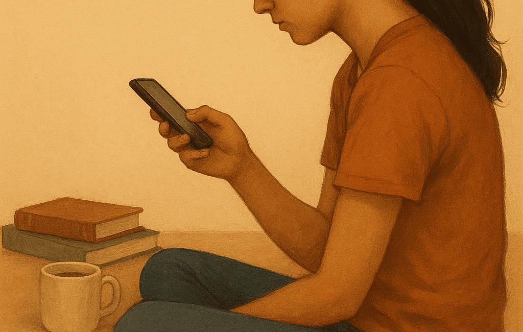 Enmente® Una joven sentada en un fondo suave y cálido, con la cabeza ligeramente agachada en señal de reflexión, mirando su teléfono móvil. De espaldas, se pueden ver algunos objetos cotidianos a su alrededor, como libros y una taza de café, lo que sugiere un ambiente hogareño. Un cartel en la pared dice: "¿Cuándo es el momento de buscar ayuda?" En la parte inferior de la imagen, se integra visualmente un dato estadístico: "20% de jóvenes presenta ansiedad moderada." La frase motivadora que acompaña la imagen dice: "Escuchar y estar presente puede cambiarlo todo."