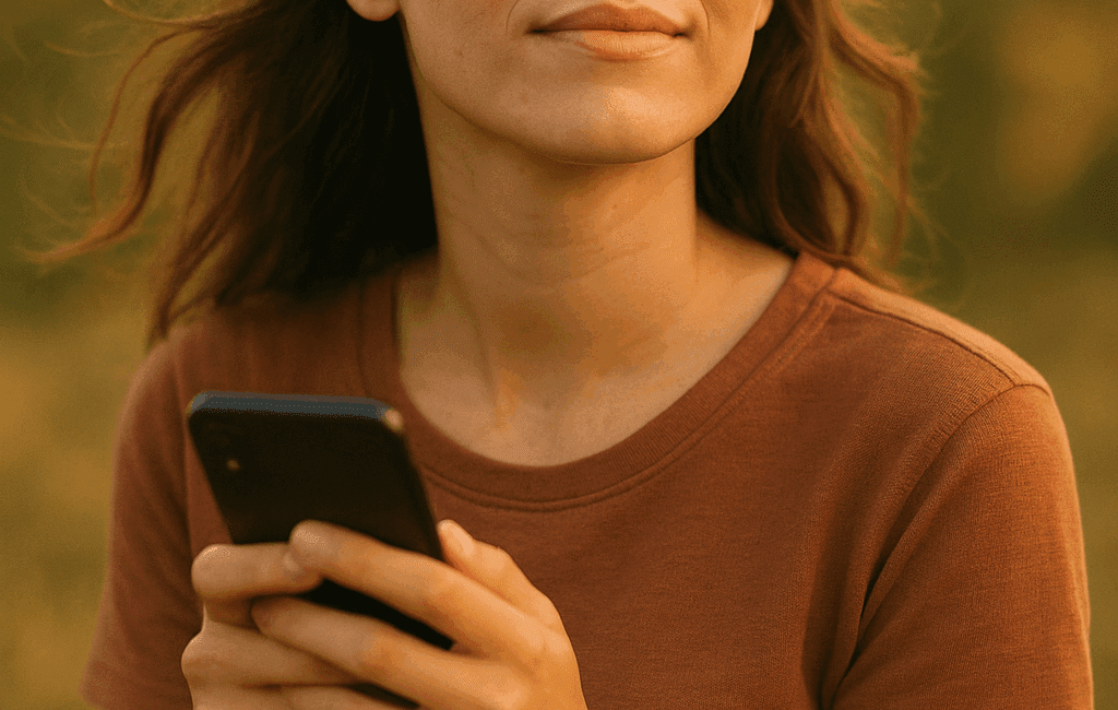 Enmente® Rostro de una mujer joven con expresión pensativa y mirada esperanzadora, en primer plano, con fondo de un entorno natural desenfocado que irradia calidez. La mujer sostiene un teléfono móvil, simbolizando la búsqueda de ayuda en línea, mientras una ligera brisa mueve suavemente su cabello. En la parte inferior de la imagen, en un contraste claro, se encuentra el título "Cuidar la mente online: descubre cuándo buscar ayuda y transformar vidas".