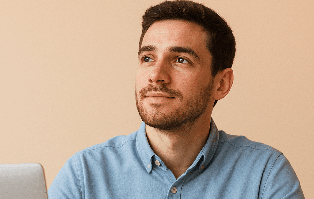 Enmente® Rostro de un joven profesional con mirada reflexiva, rodeado de elementos del entorno laboral (como una laptop y una taza de café), mostrando una expresión de esperanza y resiliencia. De fondo, un suave degradado cálido que transmite calma y confianza. En la parte superior de la imagen, el título "Cómo fortalecer la salud mental adulta y construir un futuro laboral más sano", en tipografía moderna y clara. La composición debe ser limpia y profesional, adecuada para una publicación en Instagram.