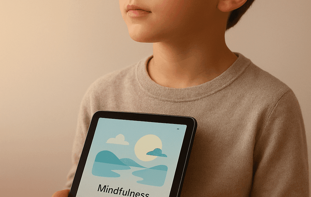Enmente® Rostro de un niño con expresión serena, mirando hacia el horizonte, mientras sostiene una tableta con una aplicación de terapia digital abierta. Fondo desenfocado con un degradado suave y cálido que transmite calma. En la parte inferior de la imagen, el título "Descubre cómo la tecnología transforma el bienestar emocional de tus hijos" en una tipografía moderna y legible con buen contraste.