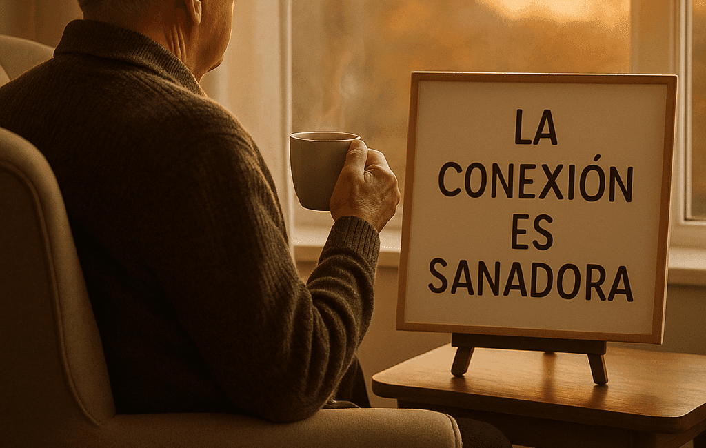 Enmente® Un adulto mayor sentado en un sillón cómodo, de espaldas, mirando por la ventana mientras sostiene una taza de té caliente. La luz suave del atardecer entra por la ventana, creando un ambiente cálido y acogedor. En la mesa de al lado, hay una pizarra blanca con la frase "La conexión es sanadora" escrita en letras claras. En el fondo, un gráfico sutil que muestra el 57.4% de aumento en diagnósticos de salud mental, ligeramente desenfocado. Al pie de la imagen, la frase motivadora: "Tu bienestar es nuestra prioridad, ¡no estás solo!".