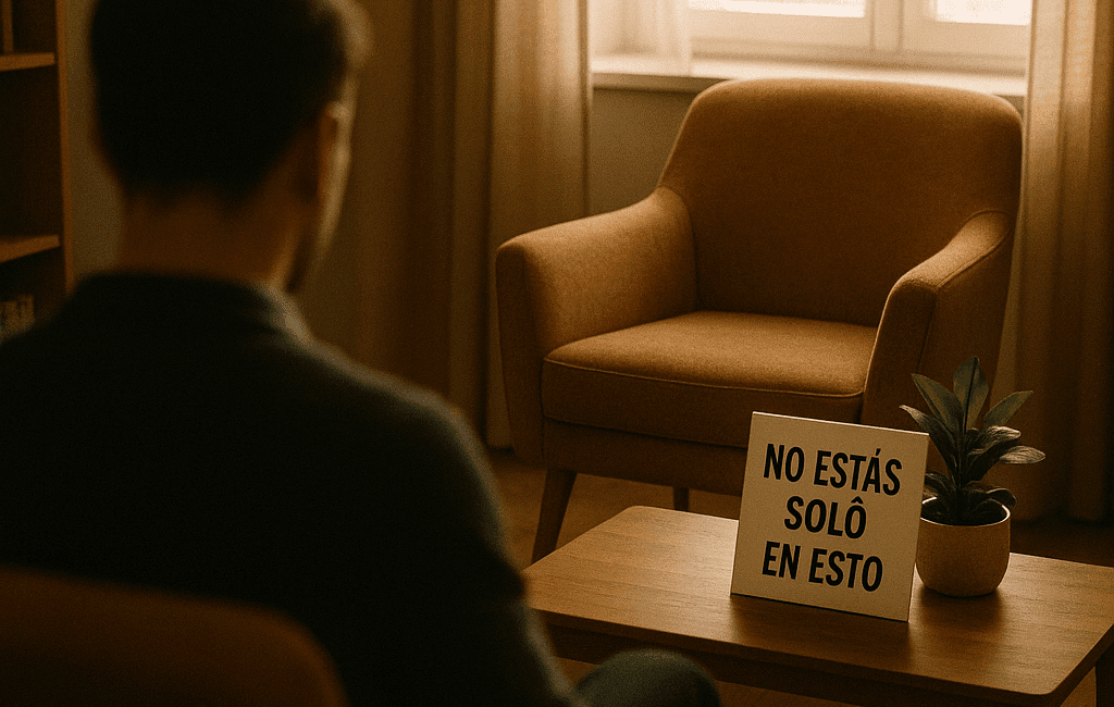 Enmente® Una sala acogedora de terapia con un sillón vacío mirando hacia una ventana iluminada, el ambiente cálido y tranquilo. En la mesa de café, una nota en un cartel que dice "No estás solo en esto" junto a una planta verde. En la esquina inferior de la imagen, un dato que dice "El TLP afecta del 1% al 2% de la población". Una figura humana, desenfocada y sentada en el sillón de espaldas, reflejando una actitud reflexiva. La luz suave penetra a través de la ventana, creando un ambiente reconfortante y esperanzador.
