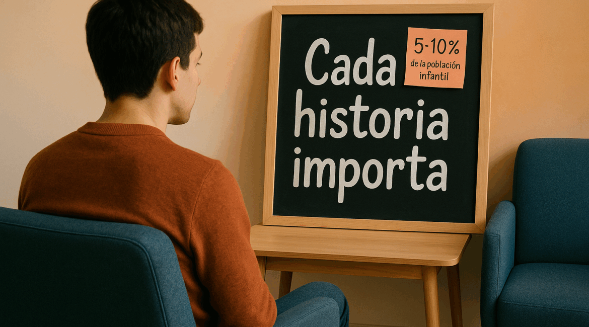 Enmente® Una persona de espaldas, sentada en un ambiente cotidiano (una sala de espera acogedora) con una mirada reflexiva. En la mesa de al lado, una pizarra con la frase "Cada historia importa" escrita en letras grandes y amigables. De fondo, un degradado suave cálido que transmita calidez y esperanza. Integrar el dato "5-10% de la población infantil" en una nota adhesiva colorida, colocada de manera visible en la pizarra. La composición debe ser moderna y minimalista, con un enfoque en la humanidad y la empatía.