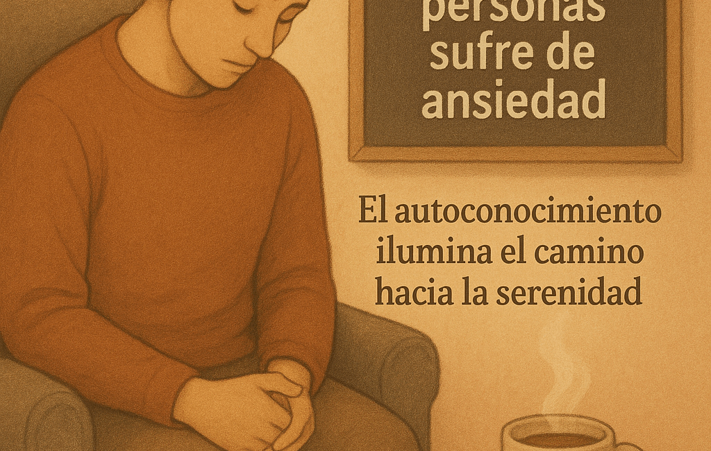 Enmente® Una persona sentada en un sillón en un ambiente acogedor, con la cabeza ligeramente inclinada hacia abajo, reflejando un momento de introspección. En una mesa cercana, una taza de té caliente y un cuaderno abierto con una pluma. De fondo, un degradado suave y cálido que evoque calma. En una pizarra al lado, el mensaje breve: "No estás solo". Integrado en la imagen, un dato estadístico: "1 de cada 4 personas sufre de ansiedad". También, una frase motivadora: "El autoconocimiento ilumina el camino hacia la serenidad".