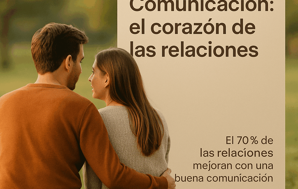 Enmente® Una pareja sentada de espaldas en un parque, con un ambiente natural desenfocado; están en un momento de conversación tranquila, con un gesto que sugiere cercanía y conexión emocional. En un lado de la imagen, un cartel con el mensaje "Comunicación: el corazón de las relaciones" en letras limpias y modernas. En la esquina inferior, una pequeña estadística que diga "El 70% de las relaciones mejoran con una buena comunicación". La estética es cálida y acogedora, con un degradado suave en el fondo.