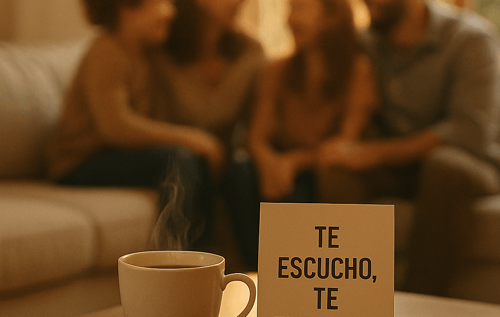 Enmente® Un hogar acogedor con un sofá suave y una mesa de café vacía. En el centro, una taza de té humeante y un pequeño cartel que dice "Te escucho, te entiendo". En el fondo, una familia (personas desenfocadas de espaldas) compartiendo un momento de risa y cercanía, con un entorno cálido y natural. Sobre la imagen, un texto que resalta "La comunicación efectiva fortalece". En la esquina inferior, un dato visual: "65% de las familias mejoran mediante la escucha activa". La luz suave del atardecer inunda el espacio, creando una atmósfera de calma y conexión emocional, invitando a la reflexión sobre los lazos familiares.