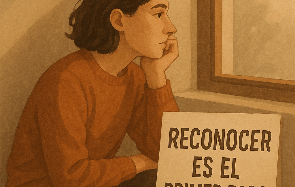 Enmente® Una persona sentada en un rincón acogedor de una habitación con luz suave, mirando por una ventana con un gesto contemplativo. En la mesa junto a ella, un cartel que dice: "Reconocer es el primer paso". De fondo, un ambiente cálido y desenfocado con tonos neutros. En la esquina, el dato "1 de cada 4 personas experimentan ansiedad". Un marco visual que invita a la reflexión sobre la calma y el entendimiento emocional.