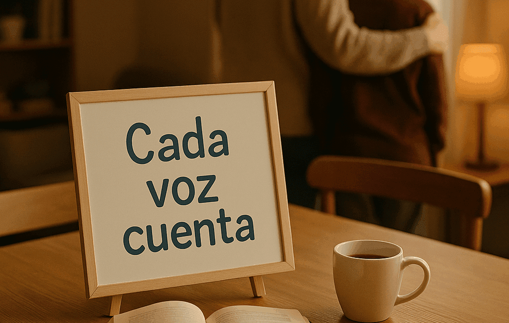 Enmente® Un hogar acogedor con una mesa de comedor en el centro, alimentando la idea de unión y comunicación familiar. En la mesa, un libro abierto y una taza de té. Al fondo, una madre y un hijo (de espaldas) comparten un momento hacia la ventana, simbolizando la conexión y el apoyo mutuo. Sobre la mesa, una pizarra blanca con el mensaje "Cada voz cuenta". Integrar una cifra como "63% de bienestar emocional" en la parte inferior de la imagen. Fondo desenfocado de un ambiente hogareño cálido y tranquilo.