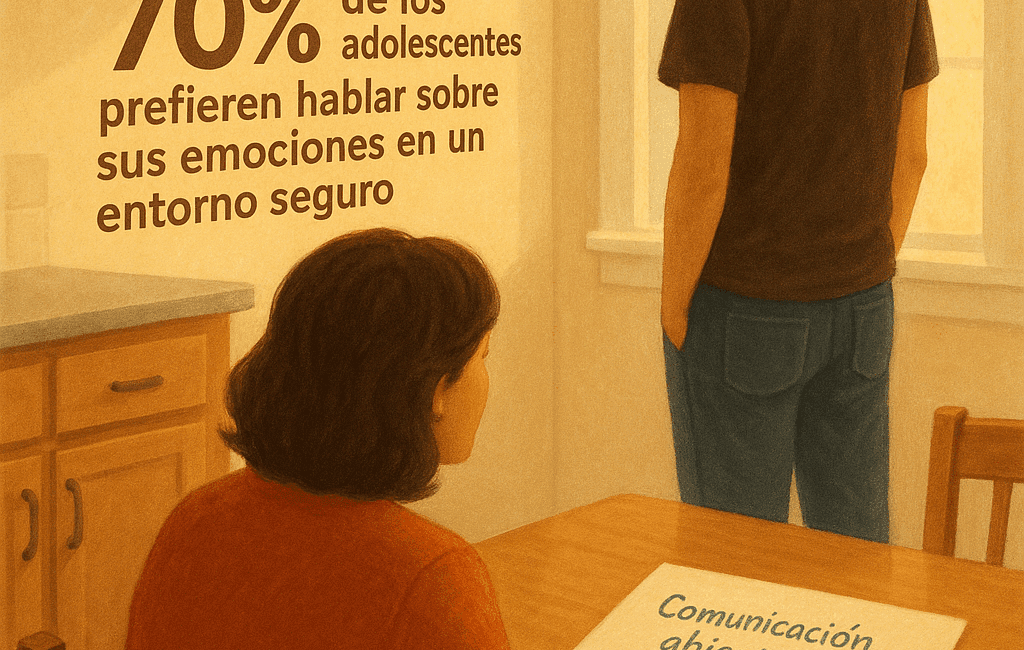 Enmente® Escena de una madre sentada en una mesa de cocina, con la espalda hacia la cámara, mientras habla con su hijo adolescente que está de pie, mirando hacia una ventana llena de luz natural. La mesa tiene una hoja de papel y un bolígrafo, donde se pueden ver anotaciones como "Comunicación abierta" y "Límites claros". El fondo es un suave degradado cálido que complementa el ambiente hogareño. Incluye un cartel que dice "La comunicación crea conexiones" y una cifra que destaca: "70% de los adolescentes prefieren hablar sobre sus emociones en un entorno seguro".