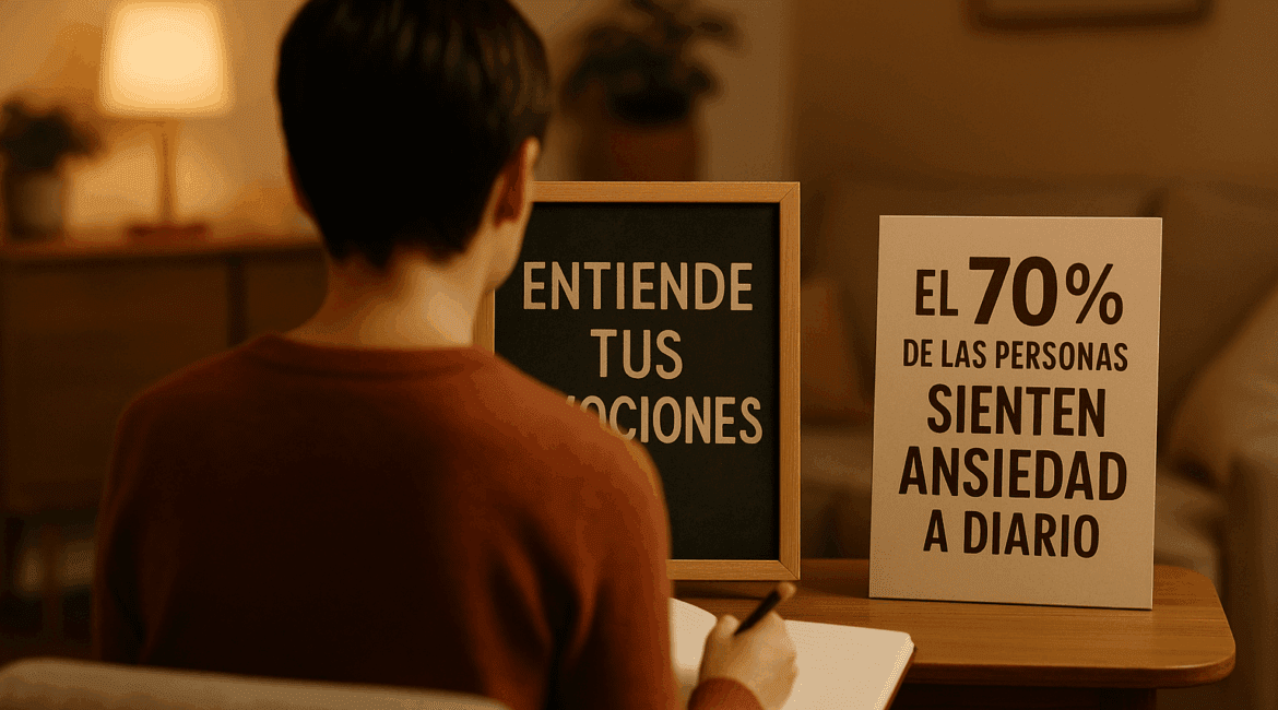 Enmente® Una persona de espaldas sentada en un entorno cotidiano, como una sala de estar con luz suave, con un cuaderno abierto frente a ella. En la pizarra, el mensaje: "Entiende tus emociones". Al lado, un cartel con la estadística: "El 70% de las personas sienten ansiedad a diario". ambientado con un fondo desenfocado en tonos cálidos y acogedores.