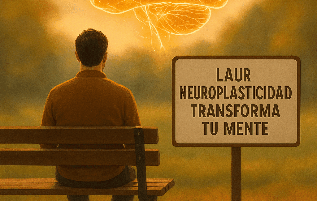 Enmente® Un cerebro iluminado por conexiones neuronales brillantes sobre un fondo desenfocado de un entorno natural cálido. En el primer plano, una persona de espaldas, sentada en un banco de parque, mirando hacia el horizonte en actitud reflexiva. A su lado, un cartel que dice: "La neuroplasticidad transforma tu mente". En la esquina, un dato estadístico: "El ejercicio incrementa los factores neurotróficos". En la parte inferior, la frase: "Reinventa tu mente. Piensa en grande."