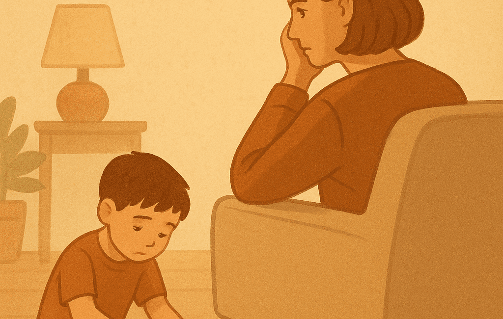 Enmente® Una imagen que muestra a un padre o madre sentado en un sillón, de espaldas, con una expresión pensativa, mientras un niño juega en el suelo a su lado, observando la tensión. En el fondo, un ambiente hogareño suave y cálido, con colores que evocan calma. En la pared, un cartel sencillo que dice: “Los niños son espejos de lo que ven”. En la esquina inferior, un dato estadístico que dice: “Los niños que presencian conflictos frecuentes tienen 40% más de riesgo de ansiedad”. La composición se ve moderna y minimalista, evocando un sentido de reflexión y conexión familiar.