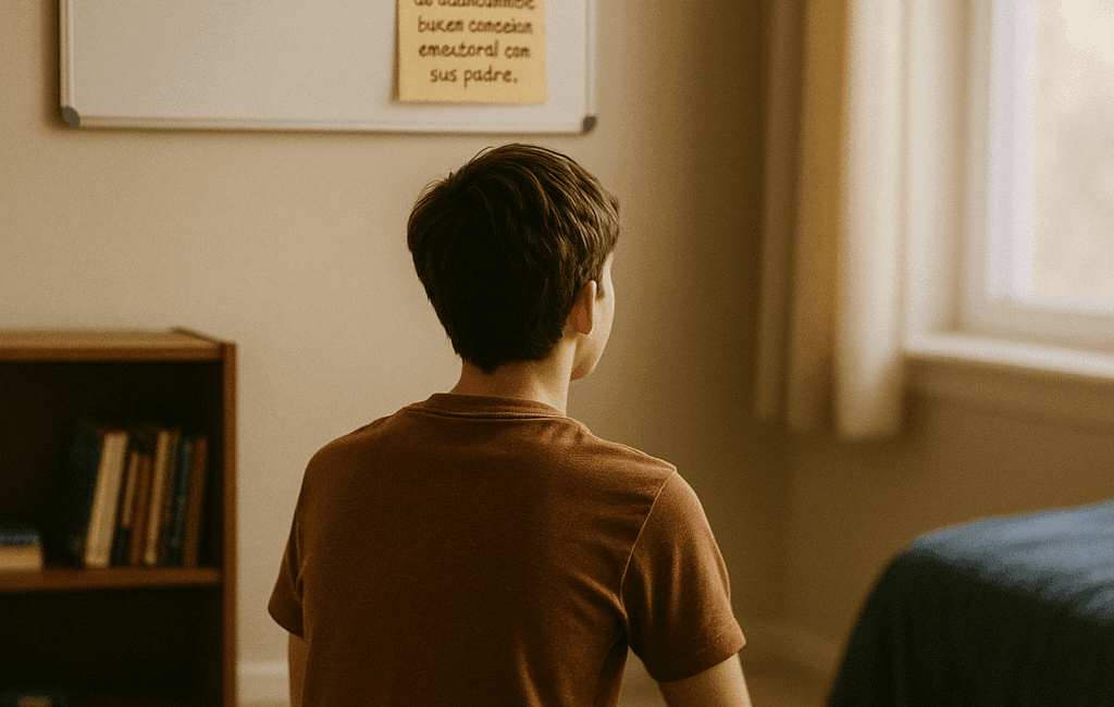 Enmente® Una imagen de un adolescente sentado con las piernas cruzadas en el suelo de su habitación, mirando hacia una ventana con luz suave que entra. En la pared de atrás, se ve una pizarra blanca con la frase "La comunicación construye confianza". Al lado, un post-it con un dato: "El 85% de los adolescentes busca conexión emocional con sus padres". La escena es desenfocada alrededor, creando un ambiente cálido y acogedor.