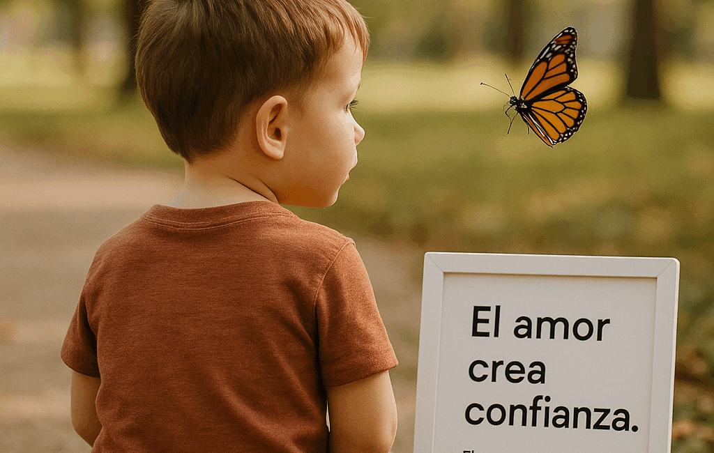 Enmente® Un niño de espaldas, sentado en un parque, observando con fascinación una mariposa que revolotea cerca. El fondo muestra un entorno acogedor, desenfocado, con árboles y luz natural suave que irradia calidez. A su lado, una pequeña pizarra blanca con el mensaje: "El amor crea confianza". En la esquina inferior, un dato estadístico: "El apego seguro mejora la autoestima en un 70%". Un tono motivador: "Descubre el poder del apego". Estilo fotográfico realista, con una estética moderna y minimalista, ideal para Instagram.