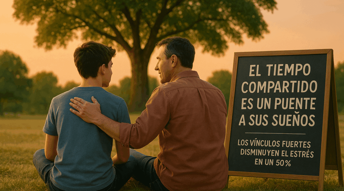 Enmente® Un adolescente y un padre sentados en un parque, de espaldas, con un árbol frondoso al fondo. El padre tiene una mano en el hombro del hijo, creando una sensación de cercanía. En una pizarra junto a ellos, se lee: “El tiempo compartido es un puente a sus sueños”. El ambiente es natural, con un suave degradado cálido en el cielo al atardecer. En la esquina inferior, se integra un dato: “Los vínculos fuertes disminuyen el estrés en un 50%”.