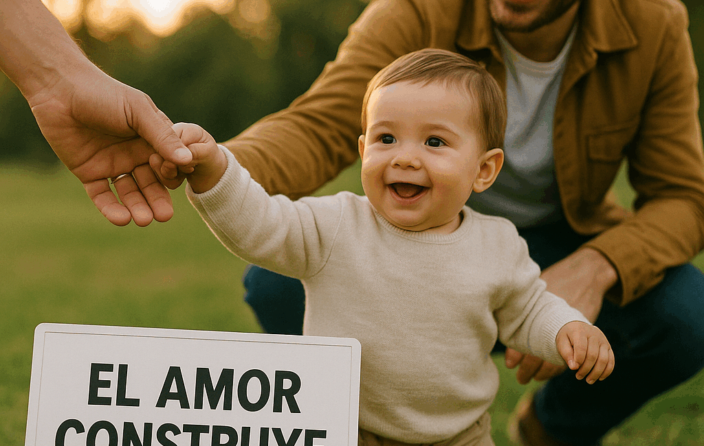 Enmente® Un niño pequeño dando sus primeros pasos en un parque, tomado de la mano de un adulto que le sonríe con calidez. La escena está captada en un ángulo bajo, con enfoque en sus manos entrelazadas, mientras el fondo muestra un paisaje natural desenfocado con árboles y luz suave del atardecer. En la esquina inferior de la fotografía, una pizarra blanca con la frase "El amor construye confianza". Estilo visual moderno y realista, con luz natural, 35mm lens, shallow depth of field, DSLR photo. Formato cuadrado, ideal para Instagram.
