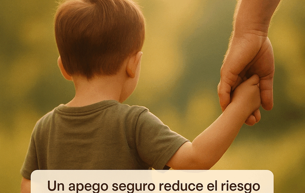 Enmente® Un niño pequeño, de espaldas, sosteniendo la mano de un adulto en un entorno natural desenfocado. En la parte superior de la imagen, un cartel con el mensaje “El apego seguro transforma vidas”. Incluir un dato en la esquina inferior: “Un apego seguro reduce el riesgo de problemas emocionales en un 50%”. En la parte inferior, una frase motivadora: “Crea vínculos, construye confianza”. Fondo con un degradado suave y cálido que resalte el vínculo entre el niño y el adulto.