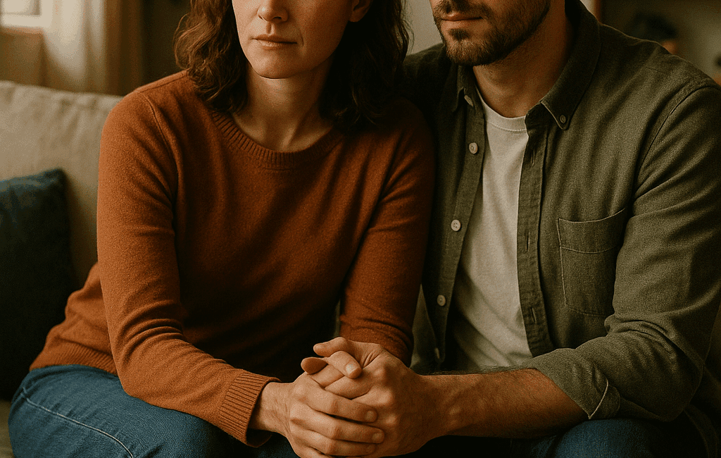 Enmente® Un plano medio de una pareja sentada en un sofá acogedor en un ambiente hogareño, con expresiones pensativas mientras se toman de la mano, resaltando la conexión emocional. La luz natural entra suavemente por una ventana cercana, generando sombras cálidas. En la mesa de café, un cartel pequeño con el mensaje "La comunicación es el primer paso" está visible. En el fondo, un desenfoque suave de elementos del hogar, como plantas y libros, crea una atmósfera tranquila. Fotografía tomada con lente de 35mm, shallow depth of field, capture en un estilo realista y profesional, ideal para Instagram.