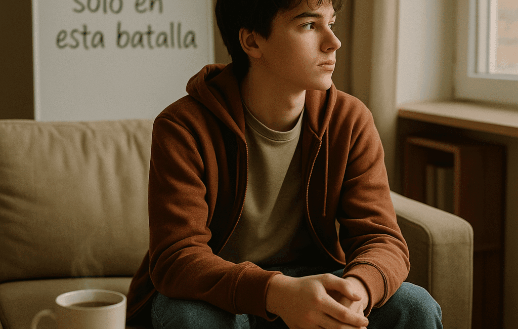 Enmente® Fotografía de un adolescente sentado en un sofá acogedor de una consulta psicológica, mirando por la ventana con expresión pensativa. En la mesa cercana, una taza de té humeante y un cuaderno abierto con un bolígrafo, simbolizando el proceso de reflexión y autoconocimiento. En el fondo, una pizarra blanca con la frase: "No estás solo en esta batalla". Luz natural iluminando suavemente la escena, creando un ambiente cálido y esperanzador. Enfoque en el adolescente con un shallow depth of field para resaltar su emotividad. DSLR photo, 35mm lens, cuadrado para Instagram.