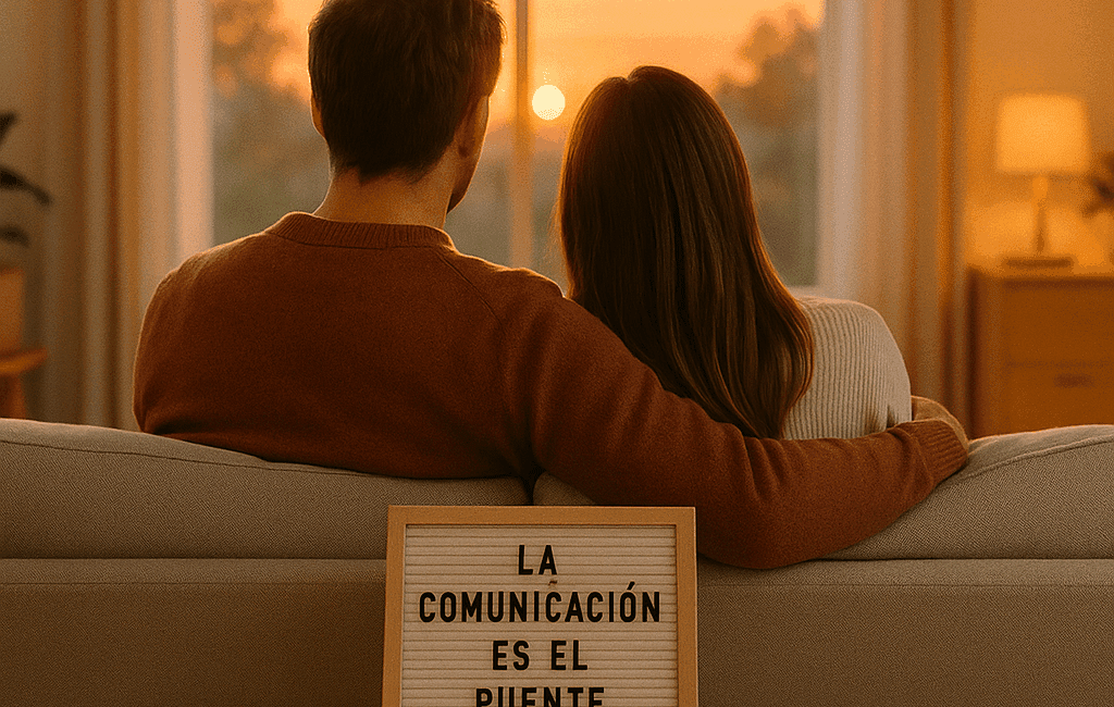 Enmente® Una pareja sentada en un sofá acogedor, ambos de espaldas, miran un atardecer a través de una ventana grande, transmitiendo conexión y reflejando la calidez de su relación. En la mesa de centro hay una pequeña cartelera con un mensaje que dice: "La comunicación es el puente". En el fondo, un ambiente doméstico desenfocado y acogedor, con colores suaves y cálidos. Superpuesto en la esquina inferior, un dato estadístico sobre la importancia de la terapia de pareja: "El 70% de las parejas mejora tras la terapia". Estilo realista y minimalista, adecuado para Instagram.