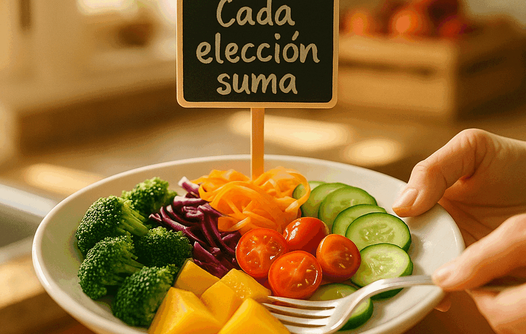Enmente® Un plato de colores vibrantes, lleno de verduras y frutas, con un suave desenfoque del fondo de una cocina cálida y acogedora. La imagen muestra una mano sirviendo una porción en un plato blanco, mientras hay un rayo de luz natural iluminando los ingredientes frescos, con una caja de frutas al fondo. Encima del plato, una pequeña pizarra con la frase: "Cada elección suma". Estilo fotográfico: "DSLR photo", "shallow depth of field", "35mm lens", "candid shot", "soft focus". Formato cuadrado, ideal para Instagram.
