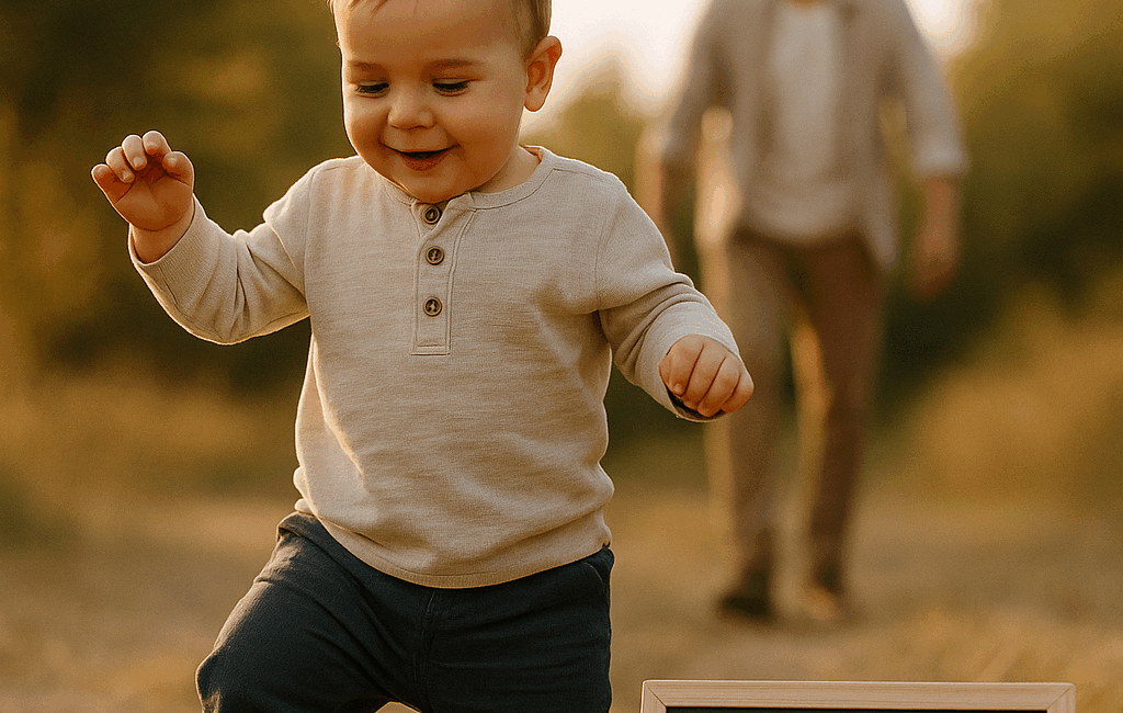 Enmente® Un niño pequeño dando sus primeros pasos en un entorno natural suave y cálido, con una figura adulta ligeramente desenfocada detrás, brindando apoyo y seguridad. En el suelo, una pizarra pequeña con la frase "Cimientos de Confianza". En una esquina, un dato estadístico: "El apego seguro reduce el riesgo de ansiedad en un 50%". La imagen evoca la conexión emocional y la idea de crecimiento, con un estilo moderno y minimalista adecuado para Instagram.