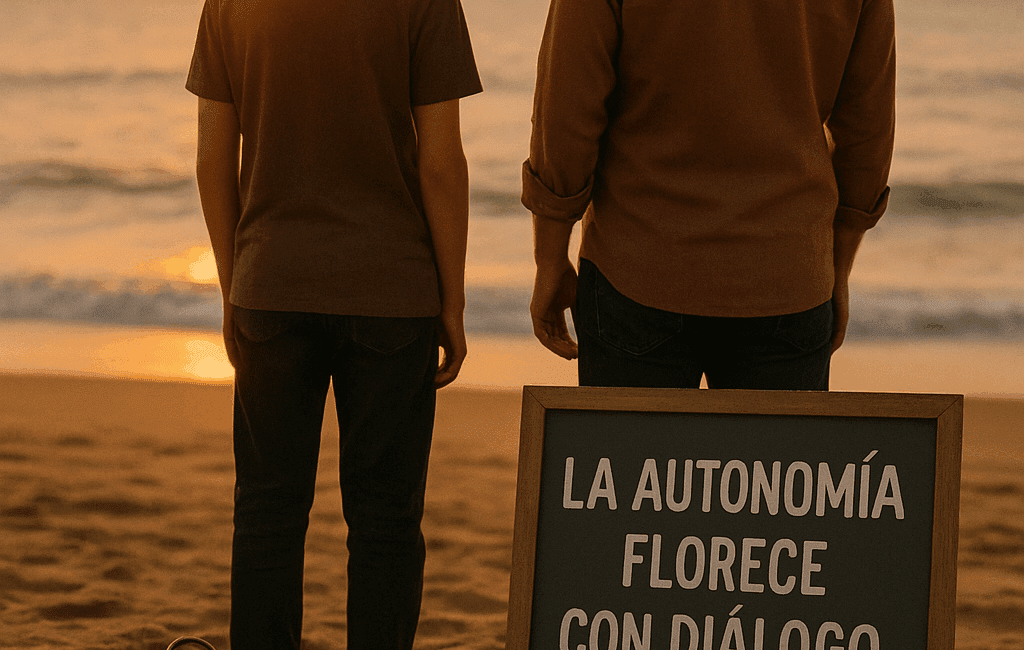 Enmente® Un adolescente y un adulto de espaldas, mirando el vasto mar en un atardecer suave. En la arena, una brújula descansando, simbolizando la guía emocional. Al lado, una pizarra simple con el mensaje: "La autonomía florece con diálogo". Fondo con tonos cálidos y desenfocados del mar y el cielo. En la esquina inferior, un dato: “El 70% de los adolescentes se siente más seguro cuando hay límites claros”. Frase motivadora: "Crea un espacio seguro para crecer".