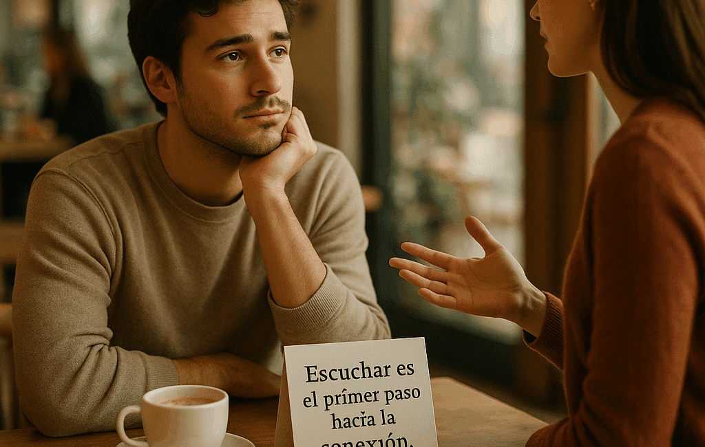 Enmente® Un joven adulto sentado en una mesa de café, con una expresión reflexiva mientras escucha atentamente a su pareja, que está de pie frente a él, gesticulando suavemente mientras habla. Ambos lucen cómodos, con tazas de café humeantes frente a ellos. El fondo es un entorno de café acogedor y desenfocado, con luz natural entrando por una ventana. La imagen tiene un enfoque suave y cálido, capturando la intimidad del momento. Un cartel en la mesa dice: "Escuchar es el primer paso hacia la conexión". Fotografía en formato cuadrado, estilo realista, 35mm lens, DSLR photo, shallow depth of field.