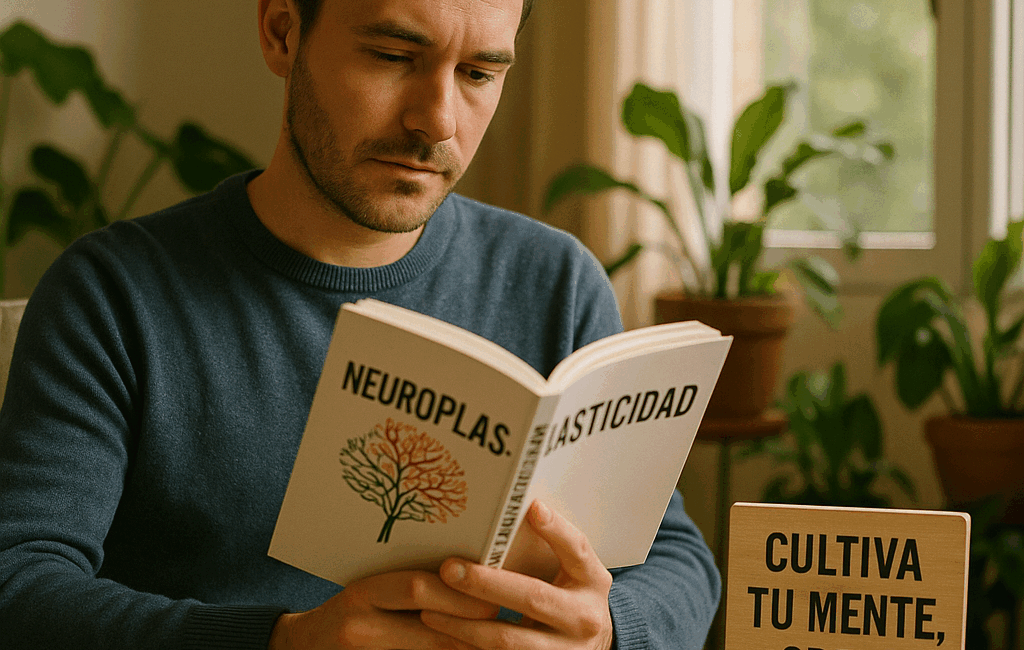 Enmente® Una persona real, inmersa en la lectura de un libro sobre neuroplasticidad, sentada en un acogedor rincón de su hogar con luz natural que entra a través de una ventana. La escena capta un momento de reflexión, con el fondo suavemente desenfocado, mostrando plantas verdes que simbolizan crecimiento y renovación. Un cartel en la mesa dice: "Cultiva tu mente, crece cada día". Encuadre en formato cuadrado, utilizando un lente de 35mm para un efecto de profundidad de campo suave. La imagen se siente íntima y profesional, invitando a la conexión emocional y la introspección.