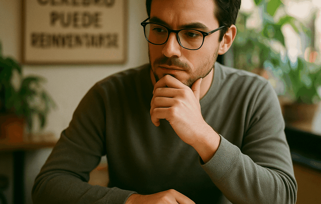Enmente® Una persona sentada en una mesa de café, mirando a un cuaderno abierto con anotaciones y un lápiz, con expresión de reflexión y curiosidad. Al fondo, un ambiente cálido y desenfocado con plantas y luz natural entrando por la ventana. Un cartel en la pared que dice "Tu cerebro puede reinventarse". Estilo visual moderno, fotografía realista, 35mm lens, shallow depth of field, natural light, candid shot, DSLR photo. Formato cuadrado.