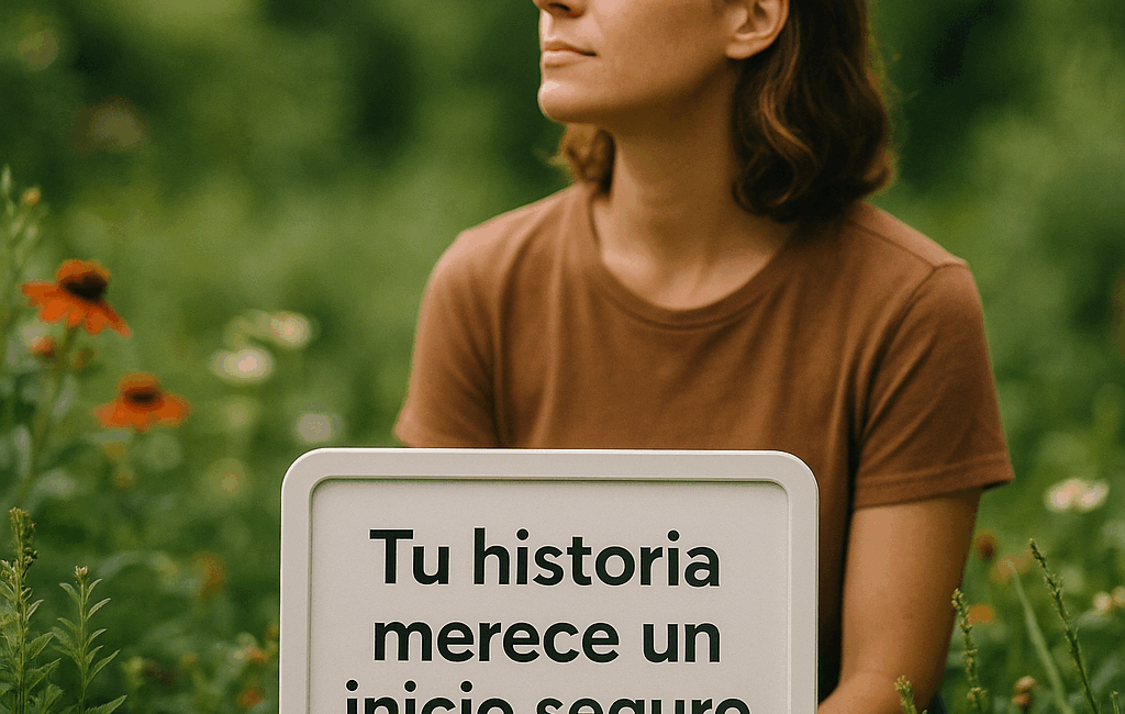 Enmente® Fotografía de una persona en un jardín, rodeada de flores y plantas, mirando hacia el horizonte con una expresión de calma y reflexión. En primer plano, una pequeña pizarra blanca con el mensaje: "Tu historia merece un inicio seguro". Fondo desenfocado con suaves tonos verdes. Luz natural suave iluminando la escena. Capturada con un lente de 35mm, profundidad de campo reducida, retrato candid que transmite bienestar emocional. Formato cuadrado, estilo realista moderno, enfatizando la conexión con la naturaleza y la introspección personal.