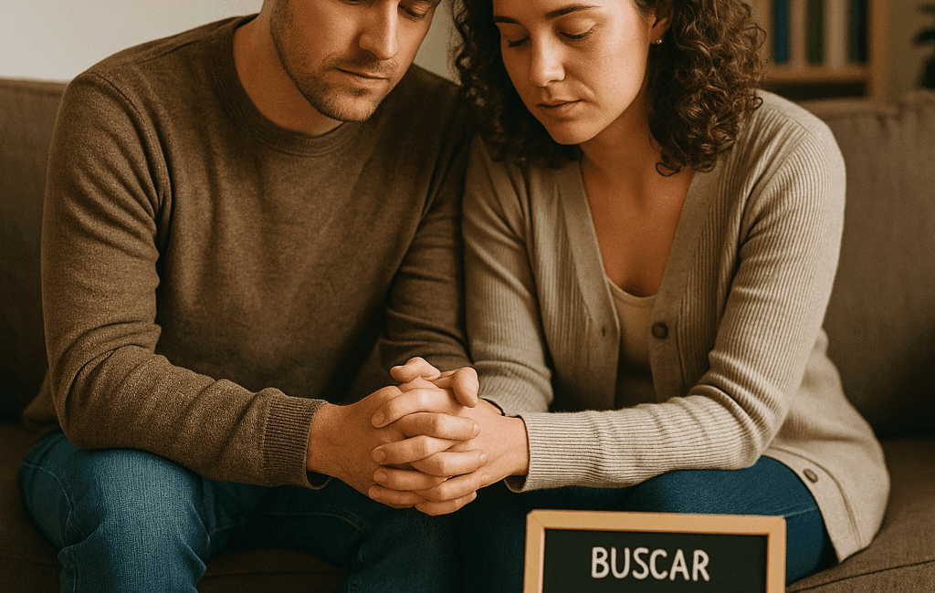 Enmente® Una pareja sentada en un sofá, mirando hacia abajo, con expresiones de reflexión mientras las manos entrelazadas transmiten un sentido de conexión aún presente. En el fondo, una estantería con libros sobre relaciones y salud mental desenfocada, creando un hogar cálido. En la mesa de café, una pequeña pizarra con el mensaje "Buscar ayuda es un acto de amor". La foto es capturada con una lente de 35mm, usando luz natural suave que ilumina la escena, con una profundidad de campo reducida para centrar la atención en la pareja. Candid shot profesional para Instagram, formato cuadrado.