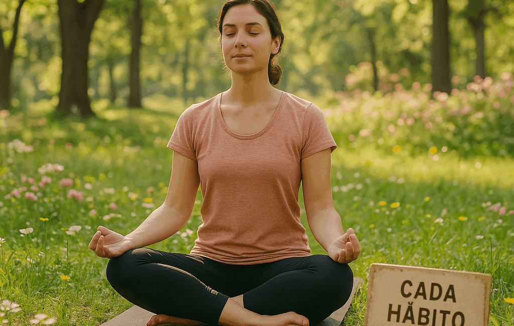Enmente® Escena de una persona real meditando en un entorno natural lleno de luz, rodeada de árboles y flores, sentada sobre una alfombra de yoga en un parque. La cámara está a nivel del suelo con un encuadre amplio, mostrando la conexión con la naturaleza. Un suave desenfoque del fondo permite resaltar a la persona, que tiene una expresión tranquila. En un rincón de la imagen, un cartel en la tierra dice: "Cada hábito cuenta". Luz natural, enfoque suave, 35mm lens, candid shot, DSLR photo, formato cuadrado.