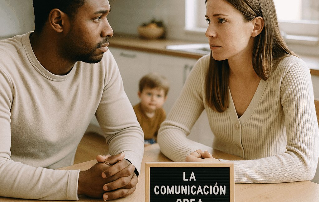 Enmente® Una pareja sentada en una mesa de cocina iluminada por luz natural, hablando amigablemente pero con una leve tensión en sus rostros. Al fondo, un niño pequeño juega en el suelo, su expresión es de curiosidad, reflejando inocencia y preocupación. En la mesa, hay una pizarra con la frase: "La comunicación crea cambios." La escena se captura con un lente de 35mm, usando profundidad de campo superficial para mantener el enfoque en la pareja, mientras el niño y el fondo quedan desenfocados. La estética es limpia y moderna, transmitiendo una sensación de calidez y reflexión sobre la dinámica familiar. Fotografía DSLR en formato cuadrado, ideal para Instagram.